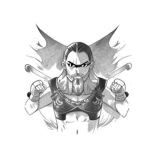 Anime character in a boxing match with a viking warrior, surrounded by spooky gothic elements tattoo design idea