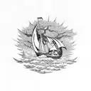 A viking ship sailing through a sea of Japanese cherry blossoms, with scary gothic creatures lurking in the background tattoo design idea