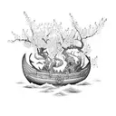 A viking ship sailing through a sea of Japanese cherry blossoms, with scary gothic creatures lurking in the background tattoo design idea