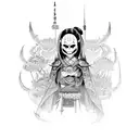 A Japanese geisha with viking-inspired armor, surrounded by creepy gothic spiders and skulls tattoo design idea