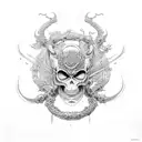 A Japanese geisha with viking-inspired armor, surrounded by creepy gothic spiders and skulls tattoo design idea