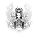 A Japanese geisha with viking-inspired armor, surrounded by creepy gothic spiders and skulls tattoo design idea