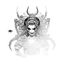 A Japanese geisha with viking-inspired armor, surrounded by creepy gothic spiders and skulls tattoo design idea
