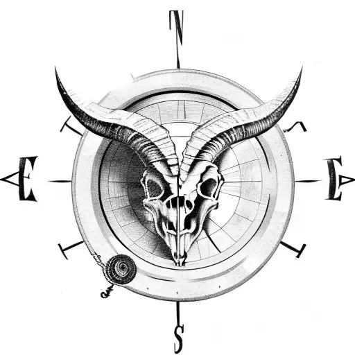 ram skull with compass and trees  tattoo design idea