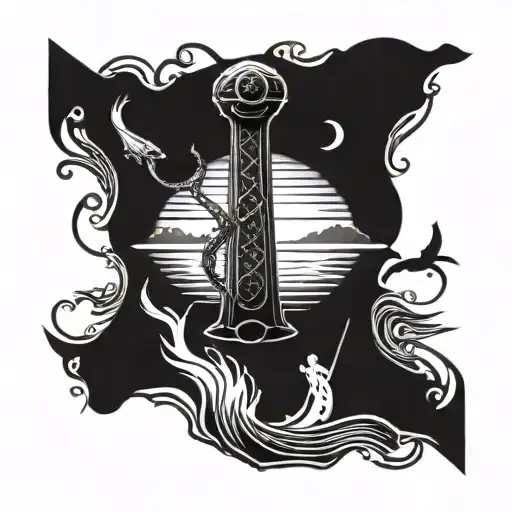 A blackwork tattoo of a powerful Thor's hammer surrounded by intricate fish designs, with a silhouette of a family fishing on a pier at sunset in the background tattoo design idea