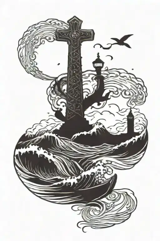 A blackwork tattoo of a majestic Thor's hammer surrounded by swirling waves and fish, with a silhouette of a father and his two children fishing on a pier at sunset in the background tattoo design idea