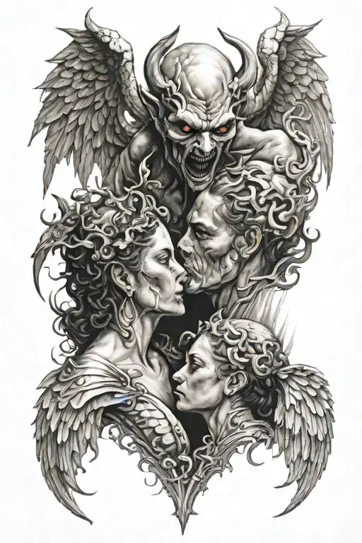 demon and angels kissing tattoo design idea