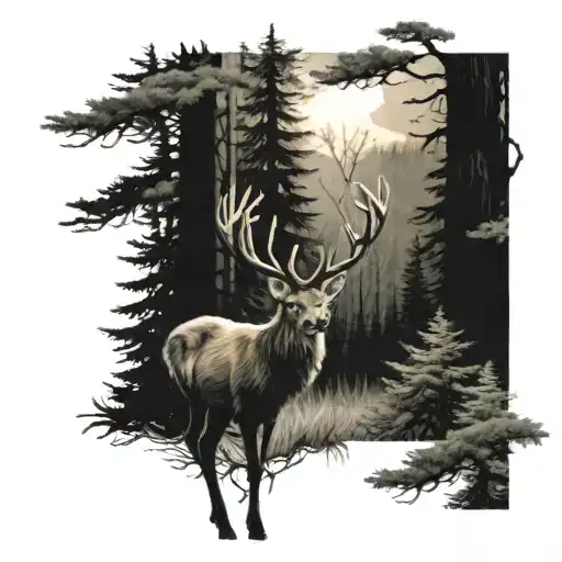 A majestic forest scene with a deer and fox peacefully coexisting among the trees tattoo design idea