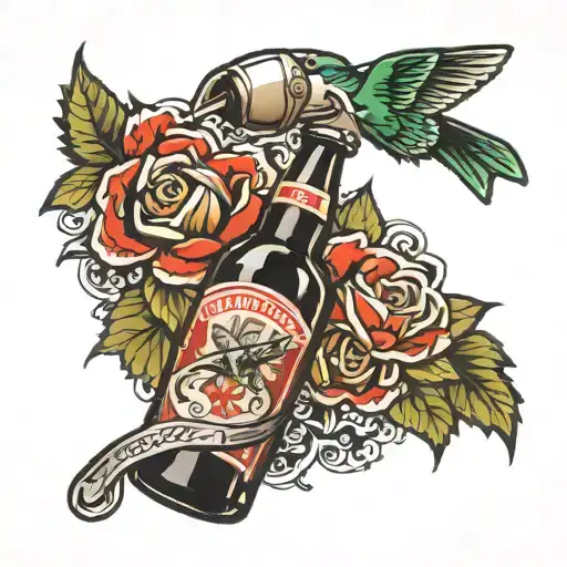 Budweiser bottle hummingbird fireman axe tattoo design idea