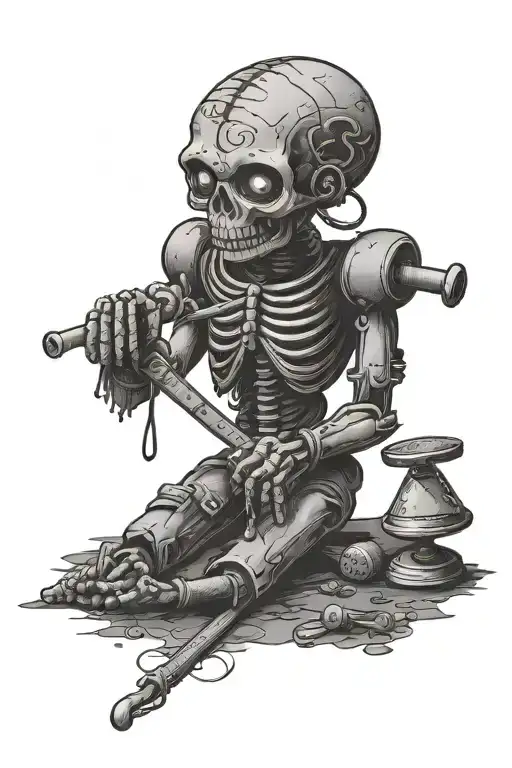 A voodoo doll holding a scale balancing mental health symbols and asphalt paving tools tattoo design idea