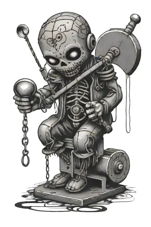 A voodoo doll holding a scale balancing mental health symbols and asphalt paving tools tattoo design idea
