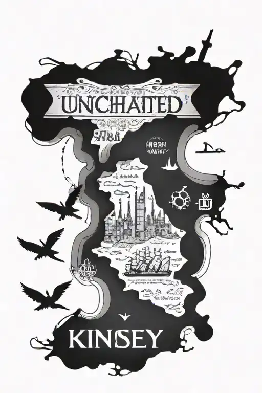 uncharted theme sleeve with Italy and Ireland and the word kinsey tattoo design idea