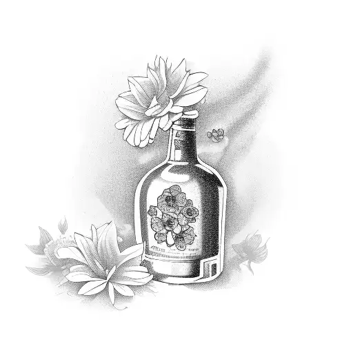 gin bottle labled XXX as a vase full of flowers tattoo design idea