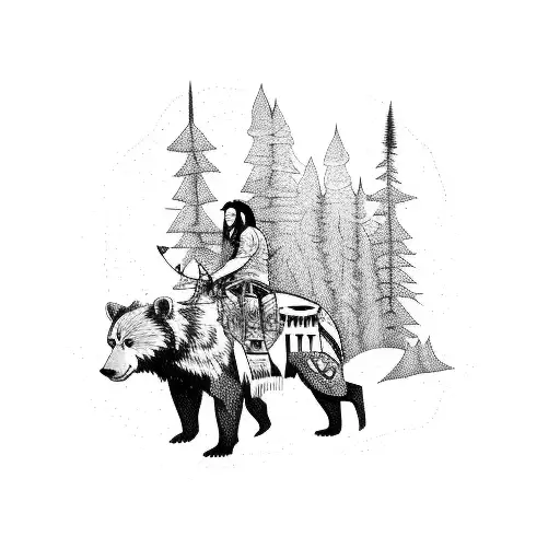 Native American cowboy riding a bear through a forest tattoo design idea