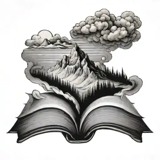open book with three peaked mountain on top tattoo design idea
