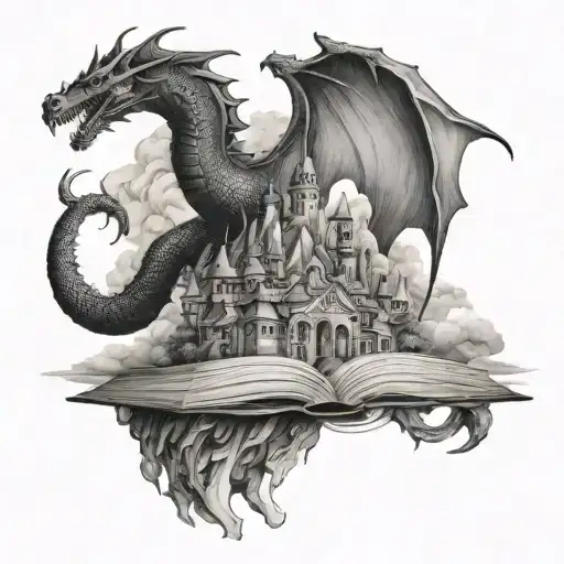 books with mountain on top with dragons flying around tattoo design idea