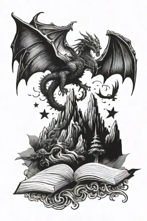 Book with a mountain on top with three stars over the mountain with dragons flying around tattoo design idea