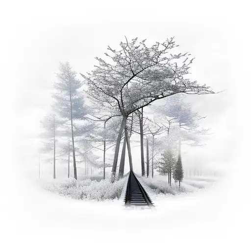 train engine on track with trees tattoo design idea