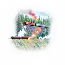 train engine on track coming out of trees tattoo design idea