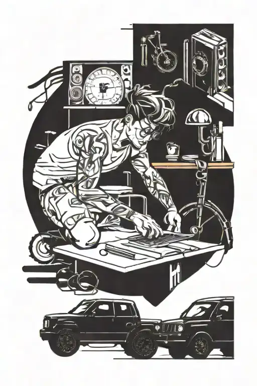 A dynamic tattoo of a student studying in a gym environment, surrounded by car and bicycle motifs tattoo design idea