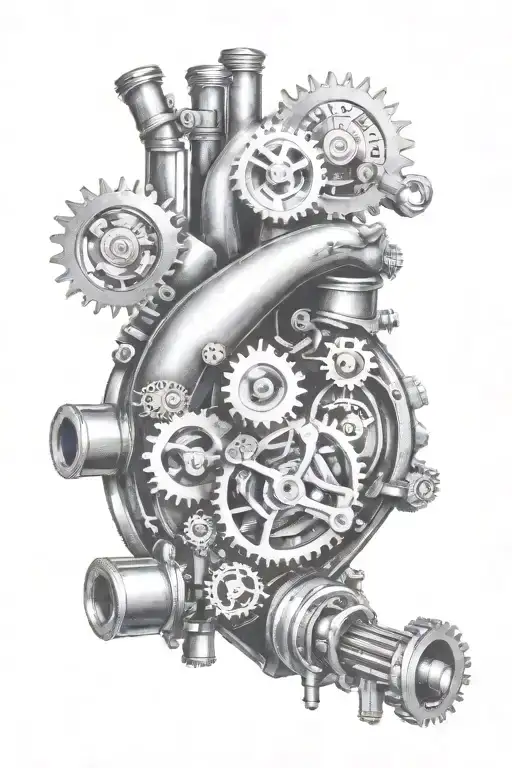 A mechanical heart with gears and pistons, symbolizing the client's passion for car mechanics and gym workouts tattoo design idea