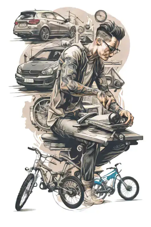 A dynamic tattoo of a student studying in a gym environment, surrounded by car and bicycle motifs tattoo design idea
