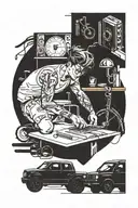 A dynamic tattoo of a student studying in a gym environment, surrounded by car and bicycle motifs tattoo design idea
