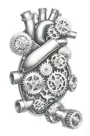 A mechanical heart with gears and pistons, symbolizing the client's passion for car mechanics and gym workouts tattoo design idea