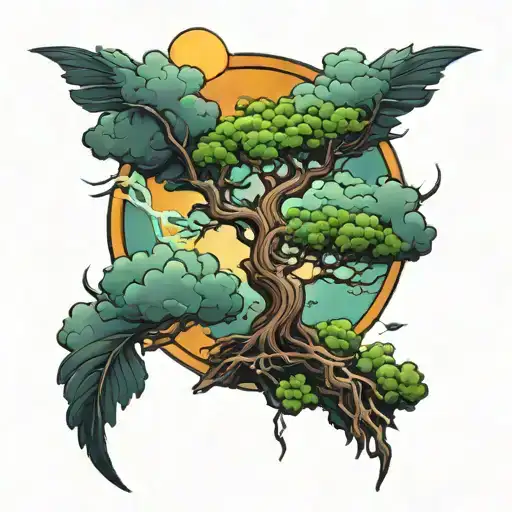 a poison tree growing with thunder stone clouds and the sun hiding behind the clouds tattoo design idea