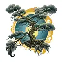 a poison tree growing with thunder stone clouds and the sun hiding behind the clouds tattoo design idea
