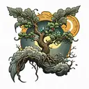 a poison tree growing with thunder stone clouds and the sun hiding behind the clouds tattoo design idea