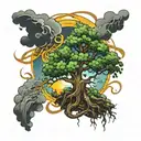 a poison tree growing with thunder stone clouds and the sun hiding behind the clouds tattoo design idea