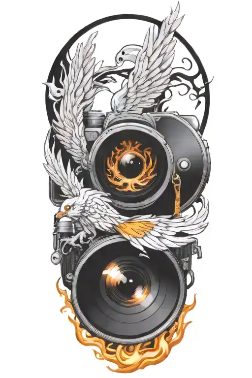 Phoenix rising from flames of a camera lens tattoo design idea