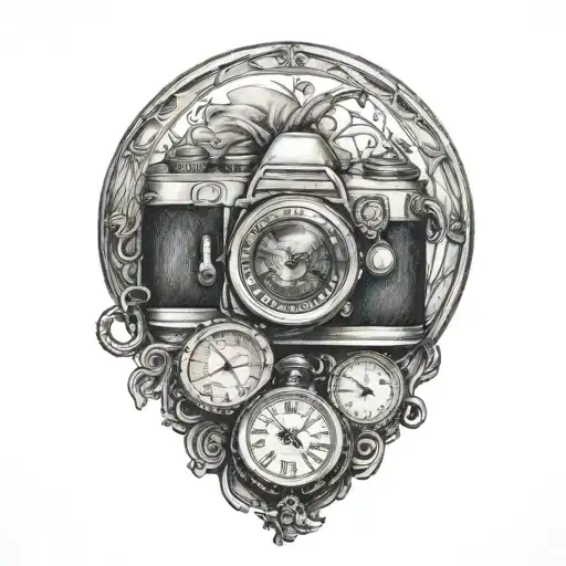 camera with 3 pocket watch surrounded tattoo design idea