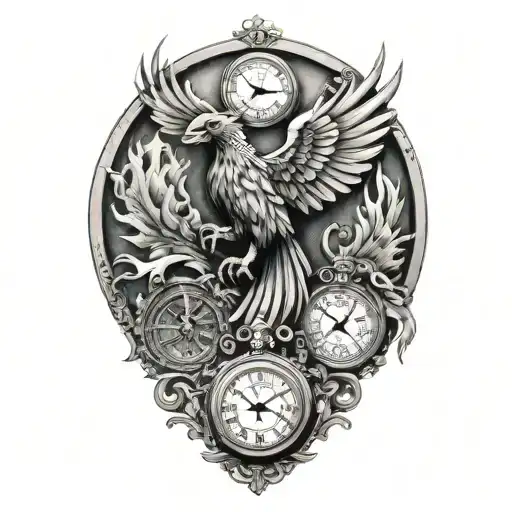 phoenix rising with a camera and 3 pocket watches   tattoo design idea