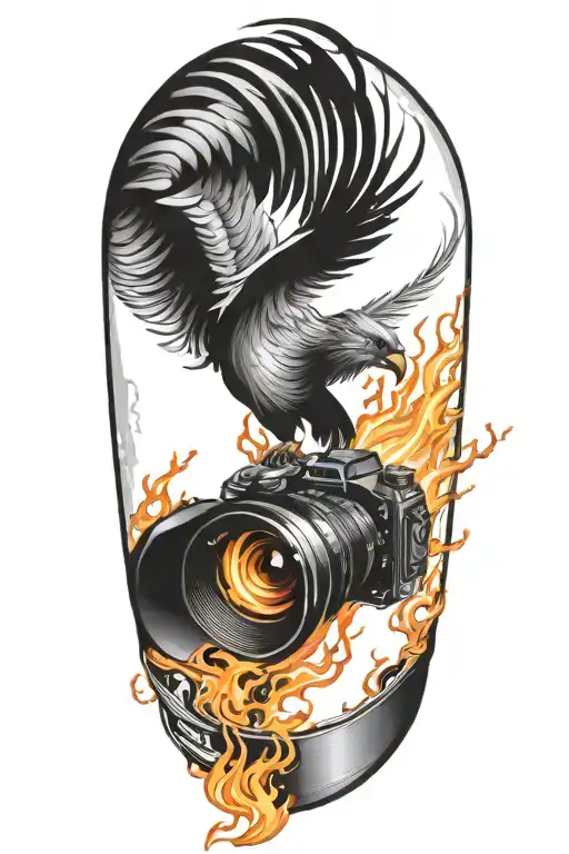 Phoenix rising from flames of a camera lens morphing tattoo design idea