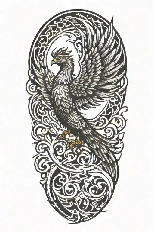 Phoenix rising from flames left arm sleeve tattoo design idea