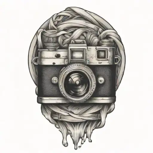 camera with 3 pocket watche intertwined  tattoo design idea