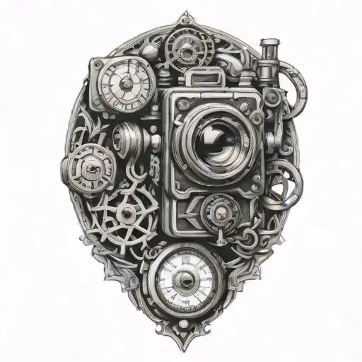 camera with 3 pocket watches intertwined within tattoo design idea