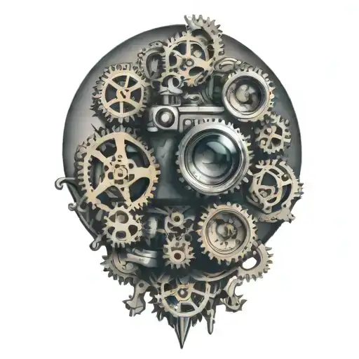 camera with 3 pocket watches gears intertwined within tattoo design idea