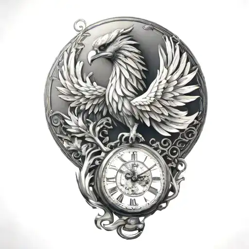 phoenix rising from a camera lens with 3 pocket watches   tattoo design idea