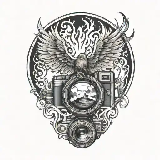 Phoenix rising from flames of a camera lens morphing  tattoo design idea