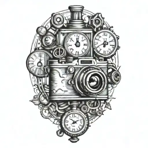 camera with 3 pocket watch surrounded tattoo design idea