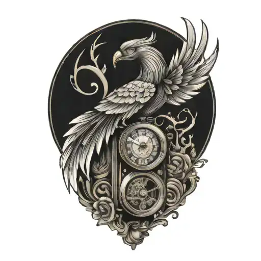 phoenix rising from a camera with 3 pocket watches   tattoo design idea