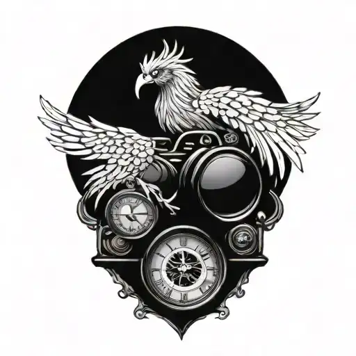 phoenix rising from a camera with 3 pocket watches   tattoo design idea