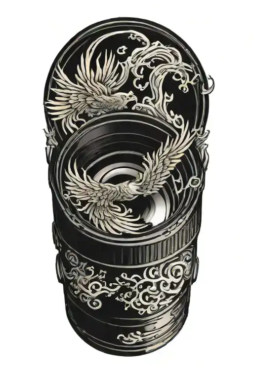 Phoenix rising from flames of a camera lens morphing  tattoo design idea