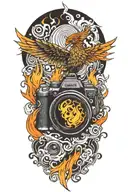 Phoenix rising from flames of a camera lens morphing  tattoo design idea