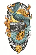 Phoenix rising from flames of a camera lens morphing  tattoo design idea