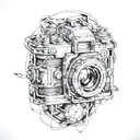 camera with 3 pocket watche intertwined within tattoo design idea