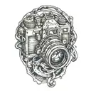 camera with 3 pocket watche intertwined within tattoo design idea